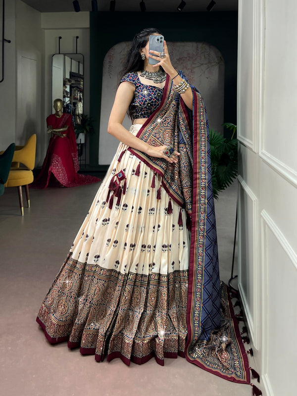 Off White Lehenga with Mirror Work ClothsVilla