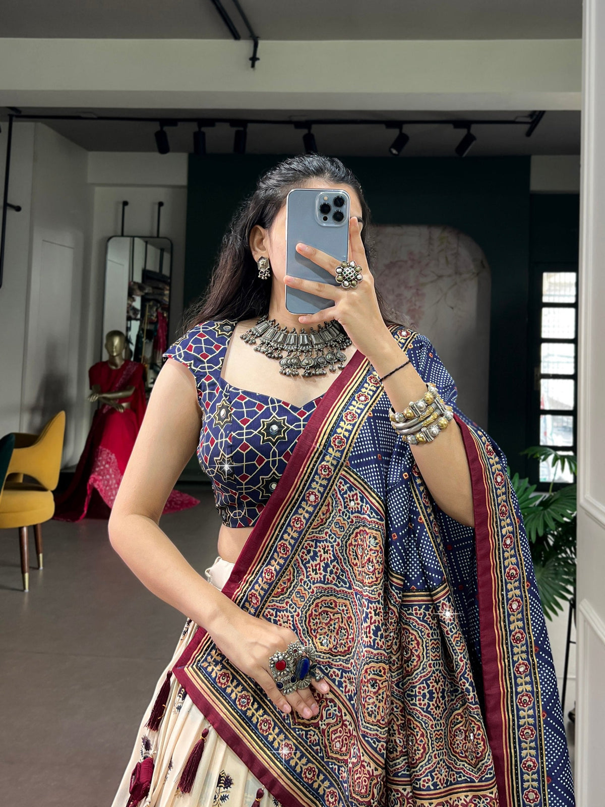 Off White Lehenga with Mirror Work ClothsVilla