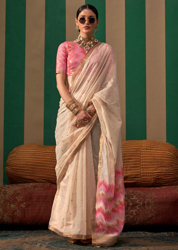 Off White Lustrous Spun Silk Saree with Cotton Blend ClothsVilla