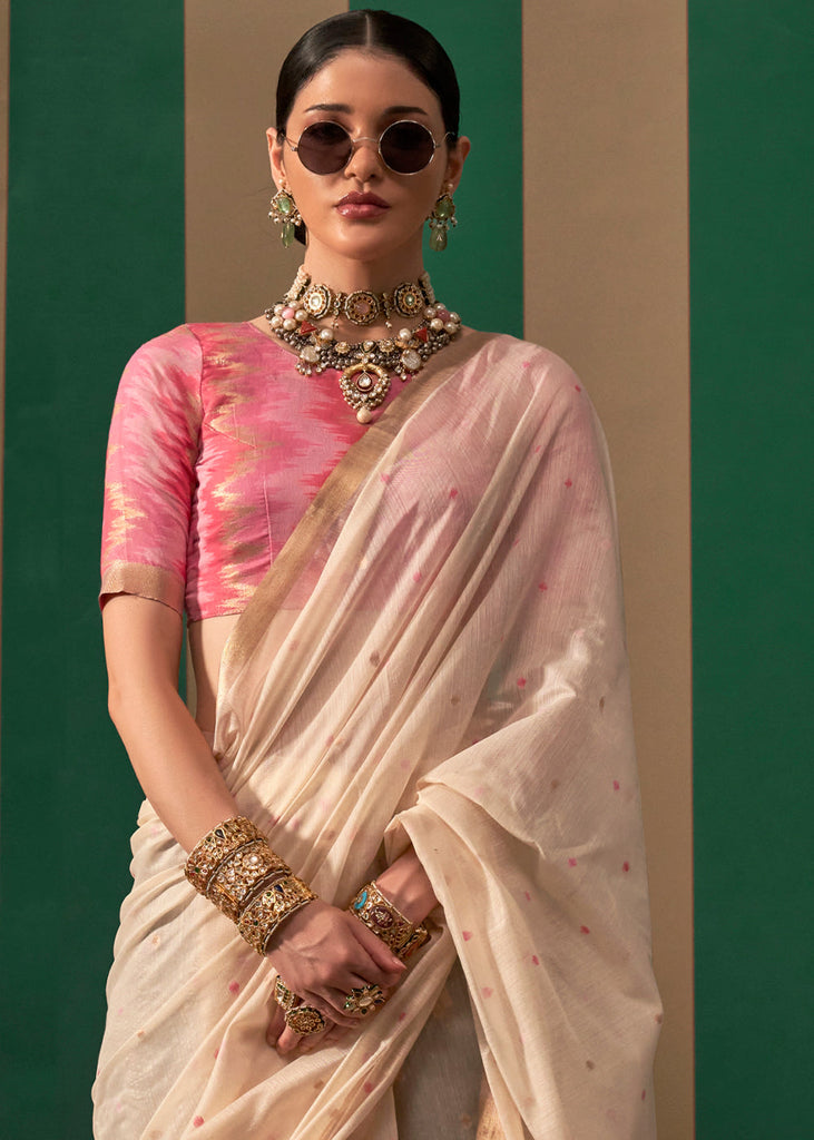 Off White Lustrous Spun Silk Saree with Cotton Blend ClothsVilla