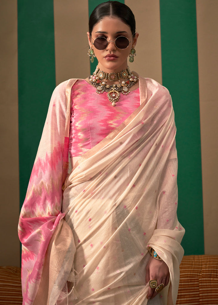 Off White Lustrous Spun Silk Saree with Cotton Blend ClothsVilla