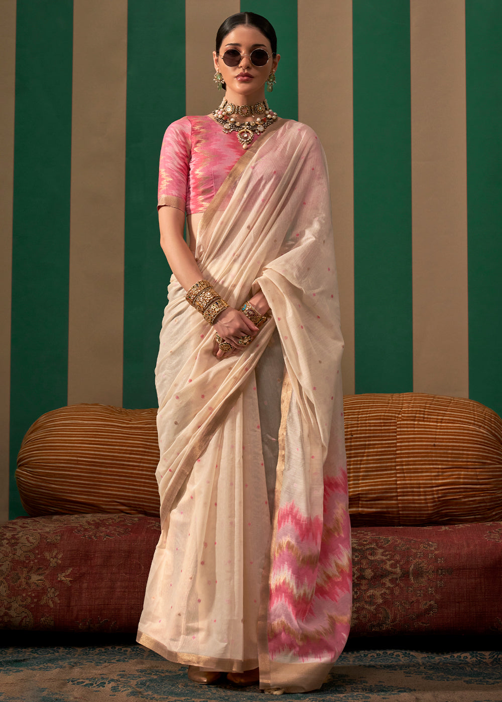 Off White Lustrous Spun Silk Saree with Cotton Blend ClothsVilla Main image