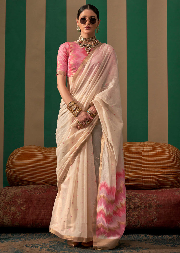 Off White Lustrous Spun Silk Saree with Cotton Blend ClothsVilla