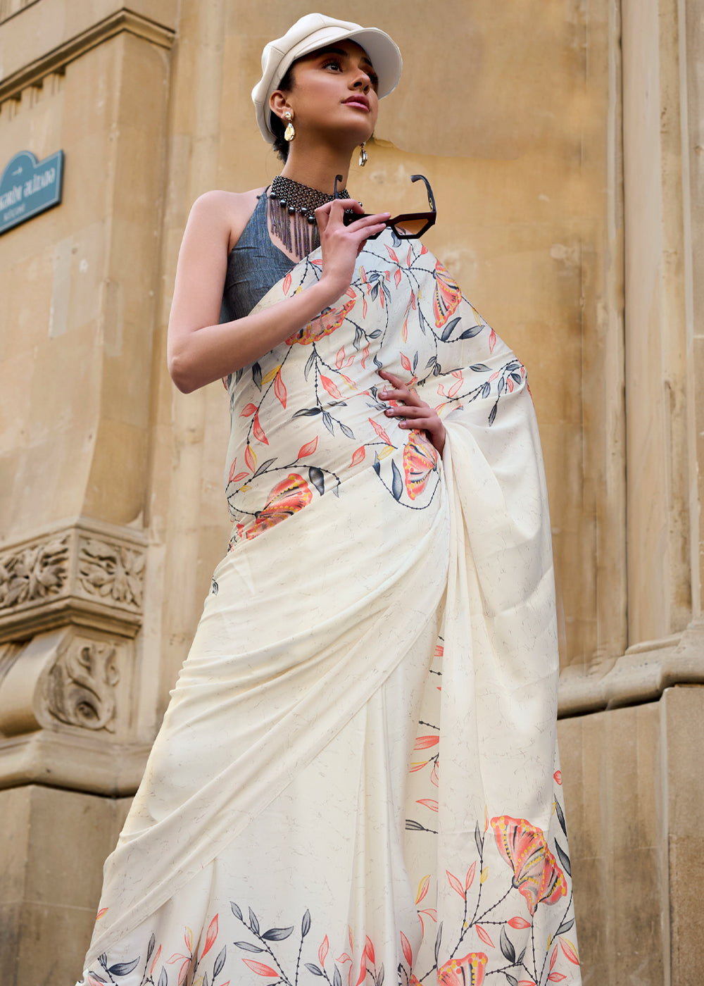 Off White Luxurious Satin Crepe Saree – Elegance with a Graceful Drape ClothsVilla