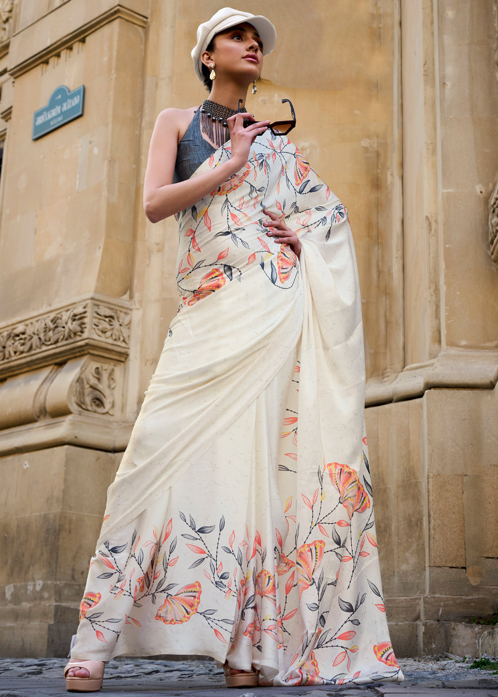 Off White Luxurious Satin Crepe Saree – Elegance with a Graceful Drape ClothsVilla Main image