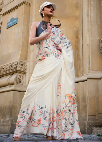 Off White Luxurious Satin Crepe Saree – Elegance with a Graceful Drape ClothsVilla