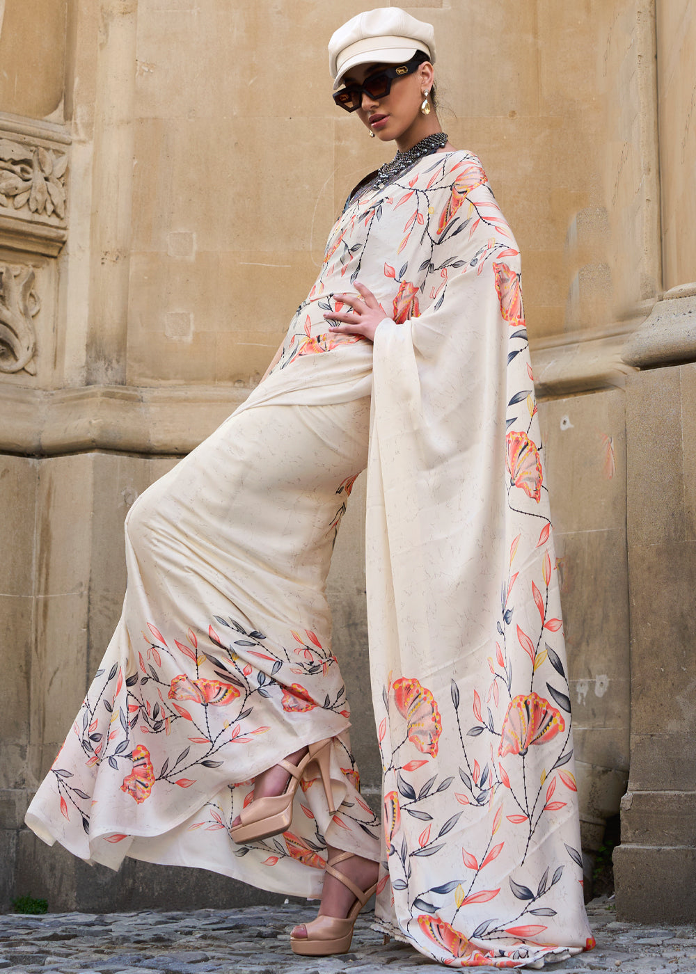 Off White Luxurious Satin Crepe Saree – Elegance with a Graceful Drape ClothsVilla