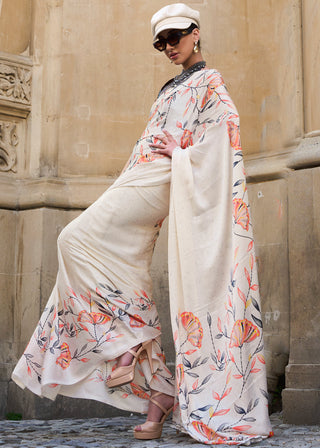Off White Luxurious Satin Crepe Saree – Elegance with a Graceful Drape ClothsVilla