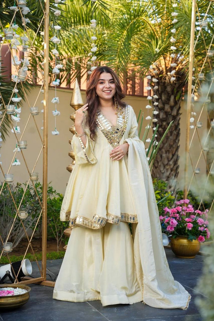 Off White Luxury Cosmos Gold Jari Silk Mirror Work Kurti with Sharara Plazzo & Matching Dupatta Fully Stitched Premium Party & Festive Wear XL Off White Luxury Cosmos Gold Jari Silk Mirror Work Kurti with Sharara Plazzo & Matching Dupatta Fully Stitched Premium Party & Festive Wear XL
