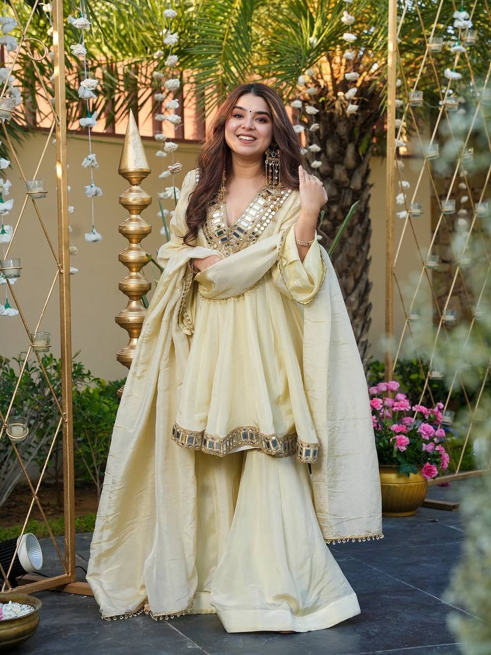 Off White Luxury Cosmos Gold Jari Silk Mirror Work Kurti with Sharara Plazzo & Matching Dupatta – Fully Stitched Premium Party & Festive Wear Clothsvilla