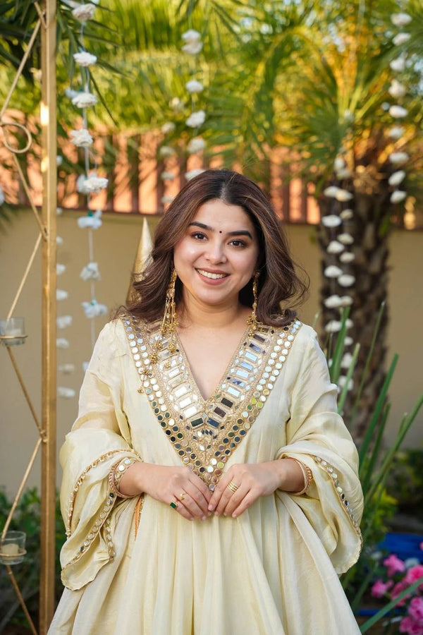 Off White Luxury Cosmos Gold Jari Silk Mirror Work Kurti with Sharara Plazzo & Matching Dupatta – Fully Stitched Premium Party & Festive Wear Clothsvilla