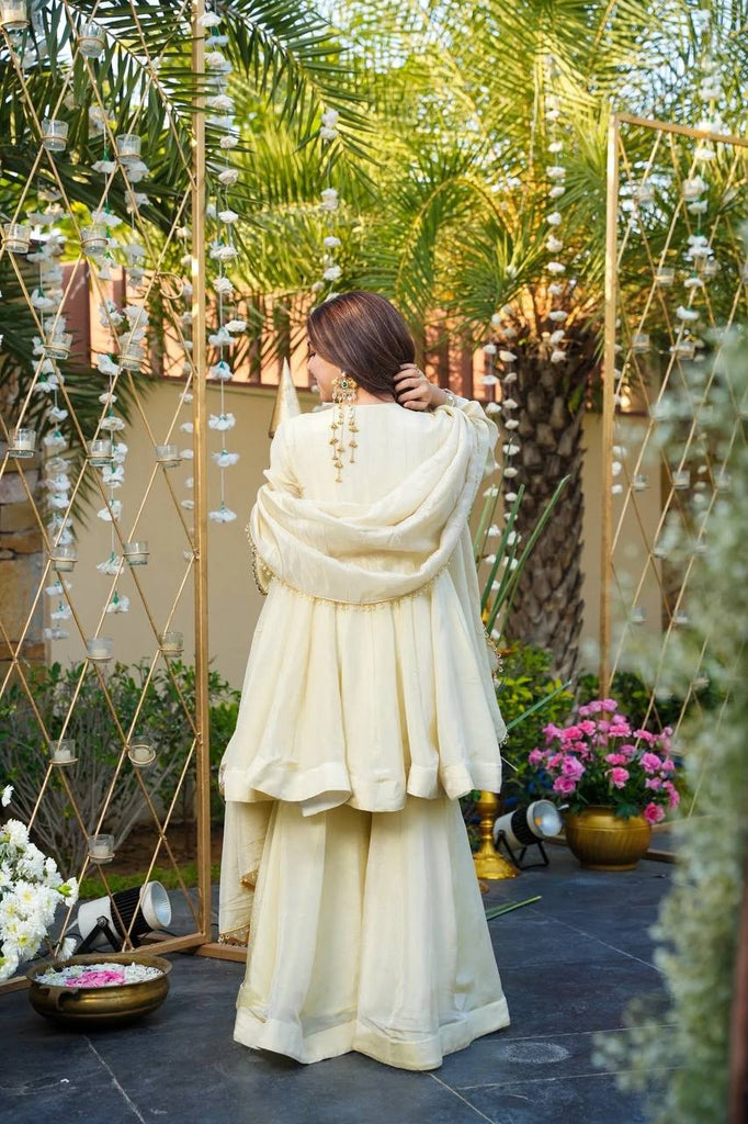 Off White Luxury Cosmos Gold Jari Silk Mirror Work Kurti with Sharara Plazzo & Matching Dupatta Fully Stitched Premium Party & Festive Wear XL Off White Luxury Cosmos Gold Jari Silk Mirror Work Kurti with Sharara Plazzo & Matching Dupatta Fully Stitched Premium Party & Festive Wear XL