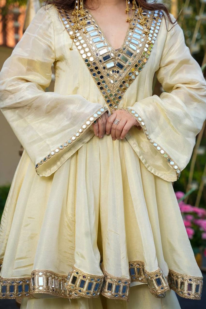 Off White Luxury Cosmos Gold Jari Silk Mirror Work Kurti with Sharara Plazzo & Matching Dupatta – Fully Stitched Premium Party & Festive Wear Clothsvilla