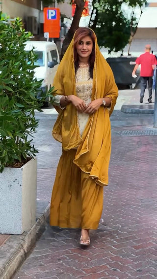 Off White Natural Crepe Thread & Sequin Embroidered Top with Yelllow Sharara and Dupatta – Fully Stitched 3-Piece Set ClothsVilla