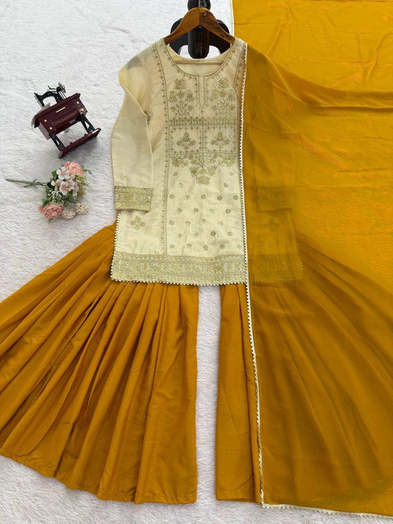 Off White Natural Crepe Thread & Sequin Embroidered Top with Yelllow Sharara and Dupatta – Fully Stitched 3-Piece Set ClothsVilla