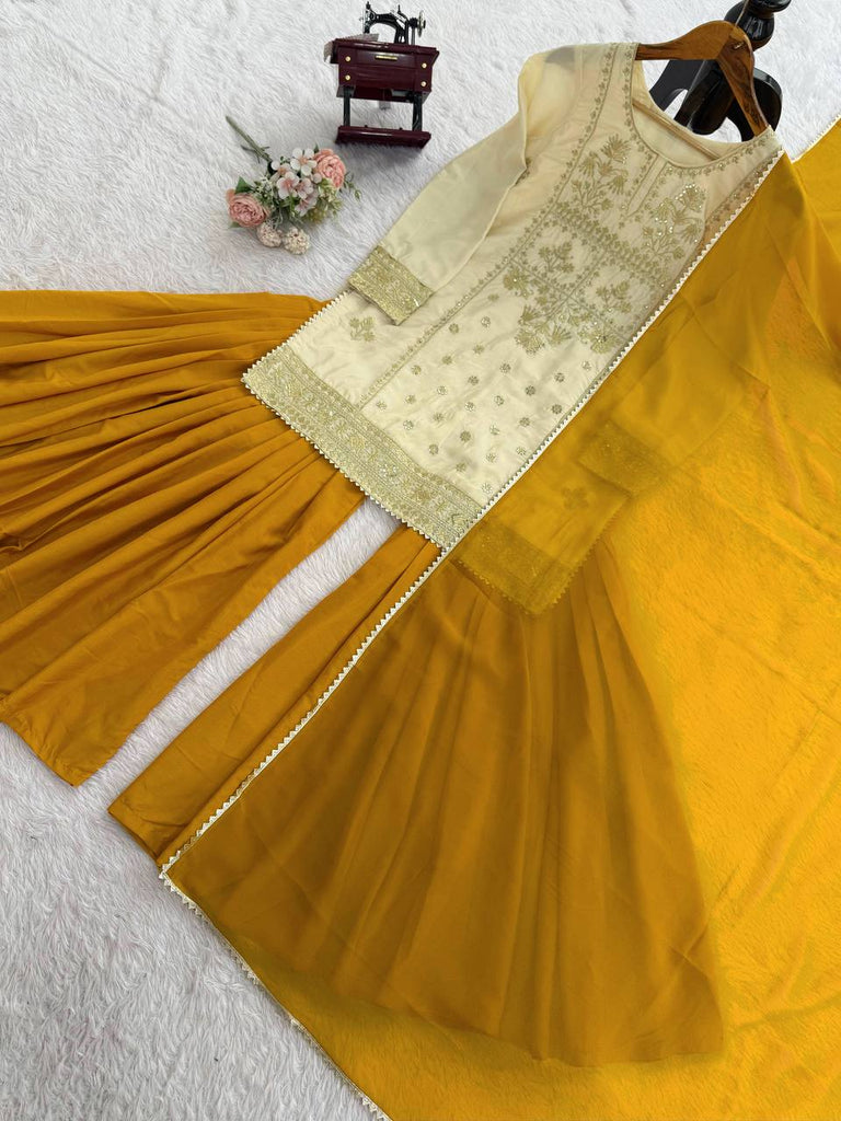 Off White Natural Crepe Thread & Sequin Embroidered Top with Yelllow Sharara and Dupatta – Fully Stitched 3-Piece Set ClothsVilla