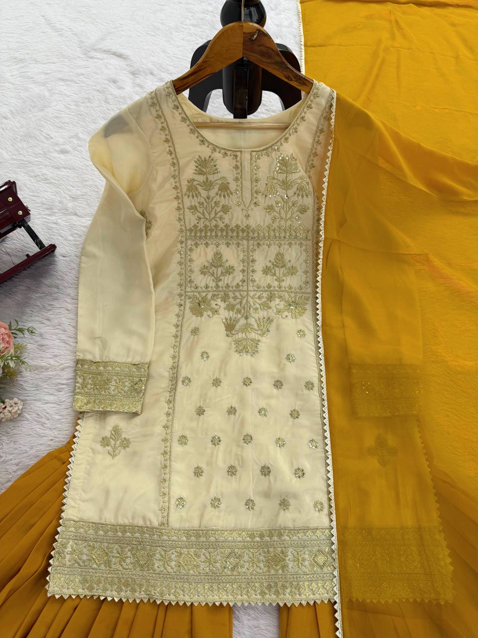 Off White Natural Crepe Thread & Sequin Embroidered Top with Yelllow Sharara and Dupatta – Fully Stitched 3-Piece Set ClothsVilla