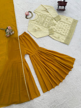 Off White Natural Crepe Thread & Sequin Embroidered Top with Yelllow Sharara and Dupatta – Fully Stitched 3-Piece Set ClothsVilla