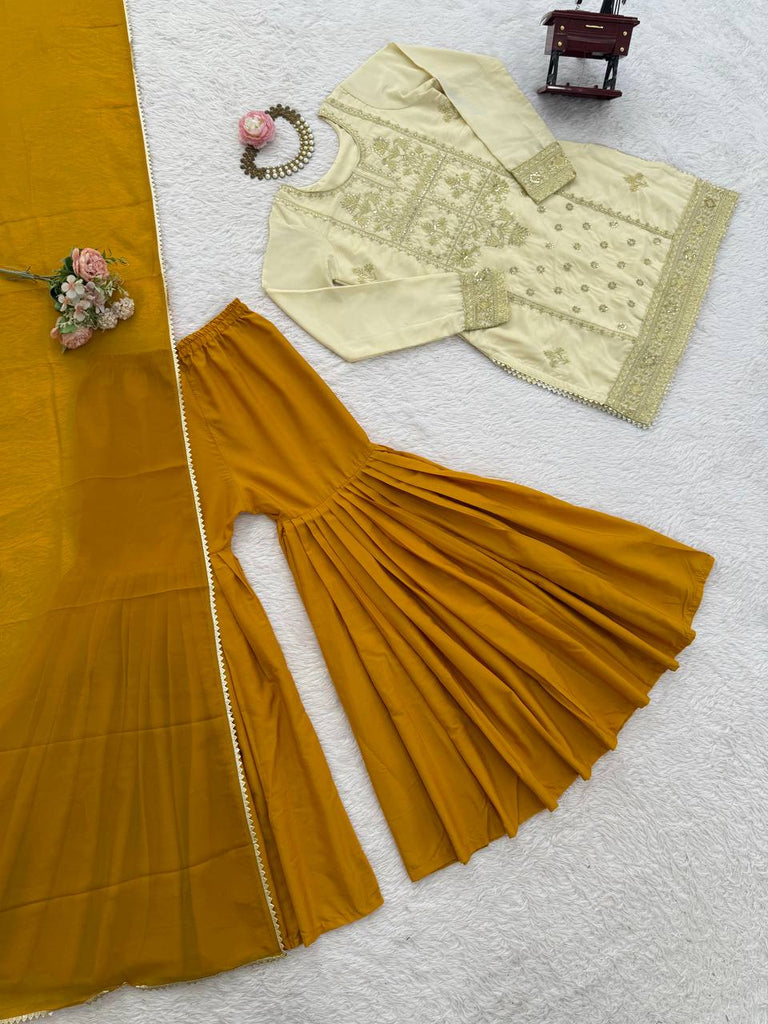 Off White Natural Crepe Thread & Sequin Embroidered Top with Yelllow Sharara and Dupatta – Fully Stitched 3-Piece Set ClothsVilla