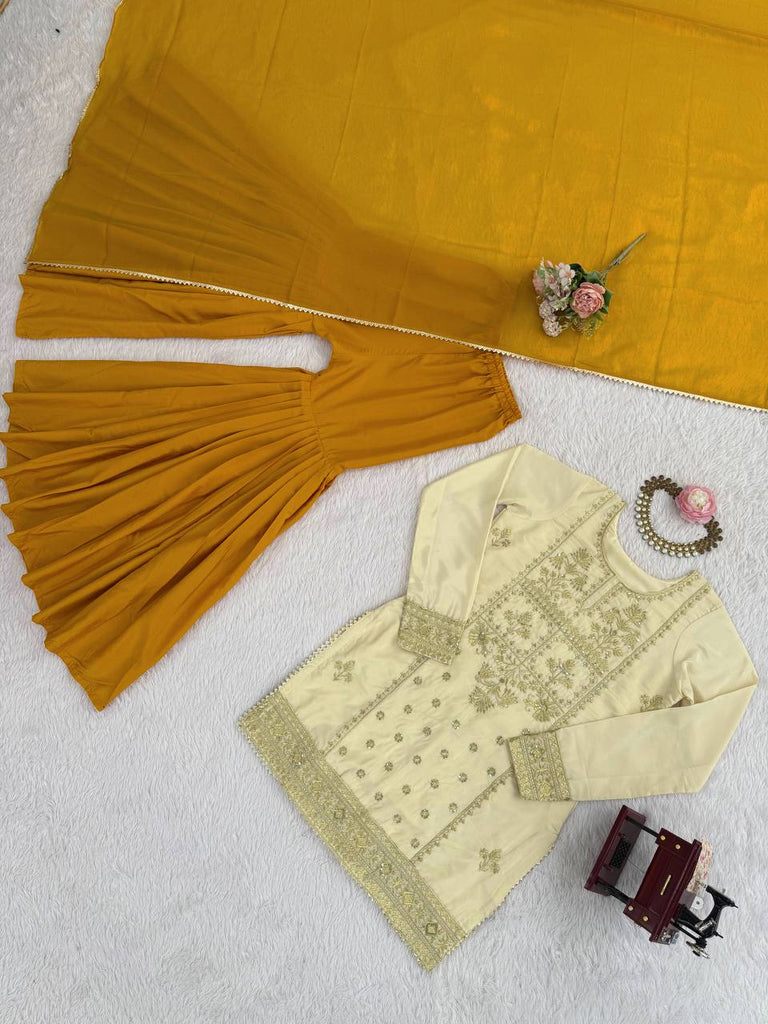 Off White Natural Crepe Thread & Sequin Embroidered Top with Yelllow Sharara and Dupatta – Fully Stitched 3-Piece Set ClothsVilla