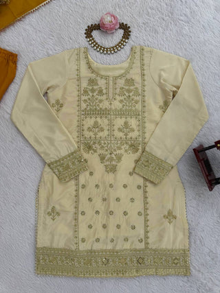 Off White Natural Crepe Thread & Sequin Embroidered Top with Yelllow Sharara and Dupatta – Fully Stitched 3-Piece Set ClothsVilla