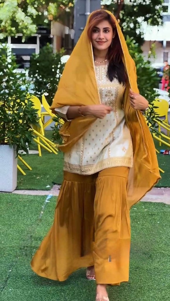 Off White Natural Crepe Thread & Sequin Embroidered Top with Yelllow Sharara and Dupatta – Fully Stitched 3-Piece Set ClothsVilla