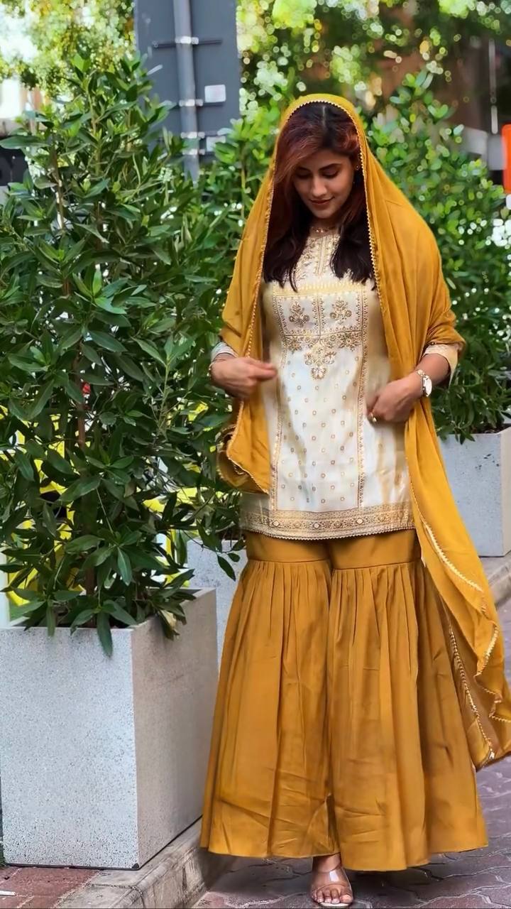 Off White Natural Crepe Thread & Sequin Embroidered Top with Yelllow Sharara and Dupatta – Fully Stitched 3-Piece Set ClothsVilla