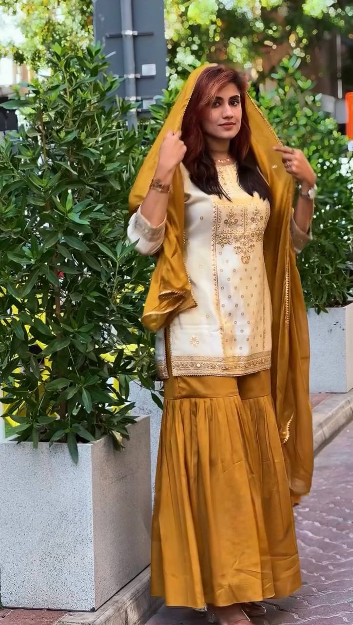 Off White Natural Crepe Thread & Sequin Embroidered Top with Yelllow Sharara and Dupatta – Fully Stitched 3-Piece Set ClothsVilla