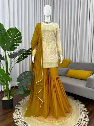 Off White Natural Crepe Thread & Sequin Embroidered Top with Yelllow Sharara and Dupatta – Fully Stitched 3-Piece Set ClothsVilla