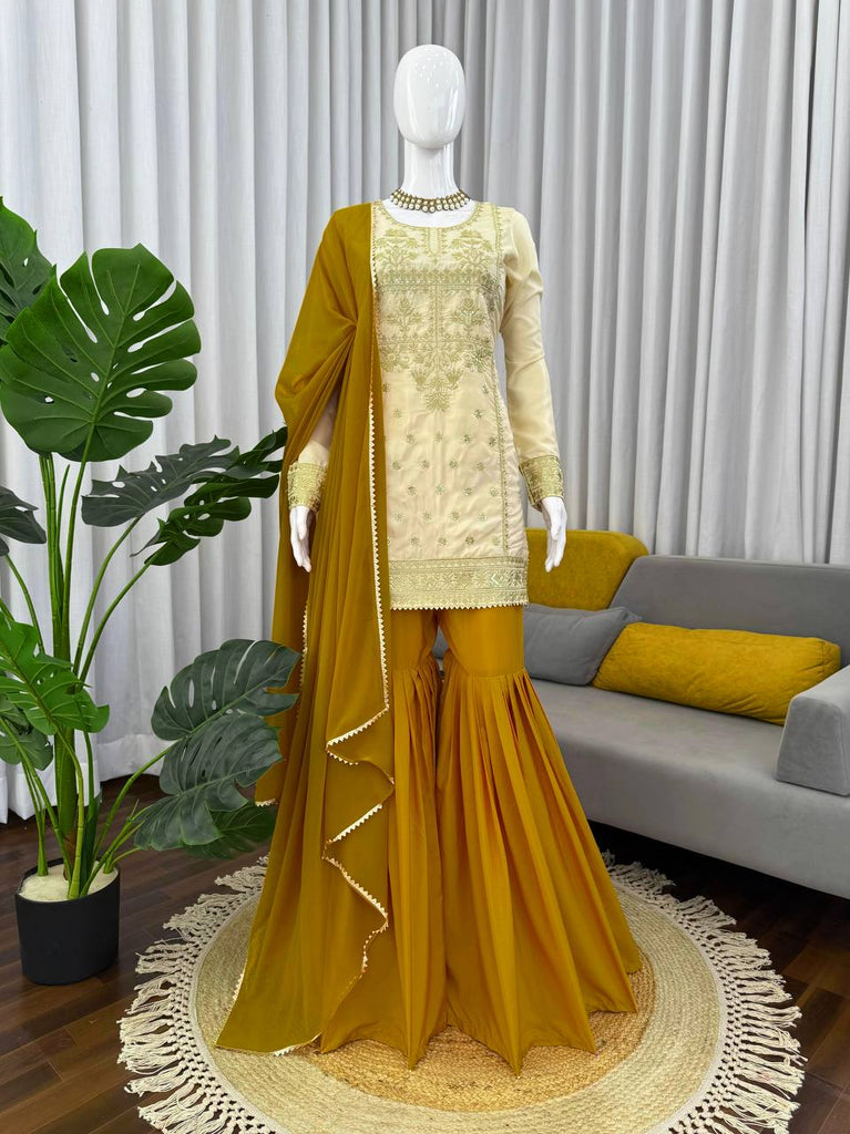 Off White Natural Crepe Thread & Sequin Embroidered Top with Yelllow Sharara and Dupatta – Fully Stitched 3-Piece Set ClothsVilla