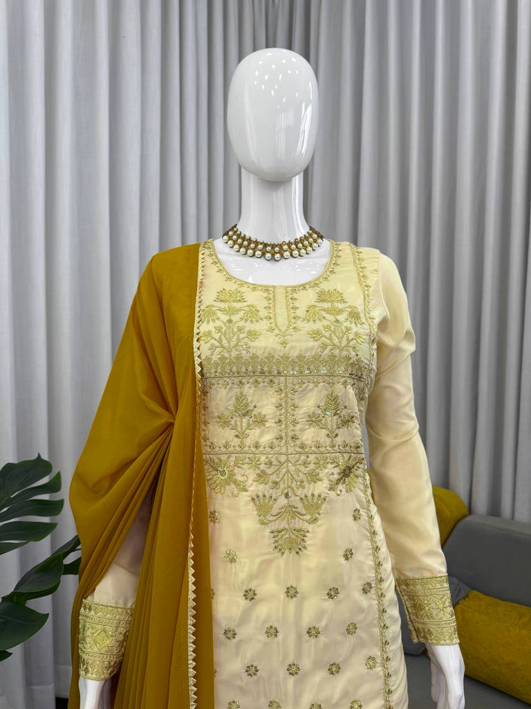 Off White Natural Crepe Thread & Sequin Embroidered Top with Yelllow Sharara and Dupatta – Fully Stitched 3-Piece Set ClothsVilla