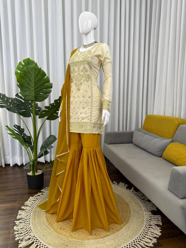 Off White Natural Crepe Thread & Sequin Embroidered Top with Yelllow Sharara and Dupatta – Fully Stitched 3-Piece Set ClothsVilla