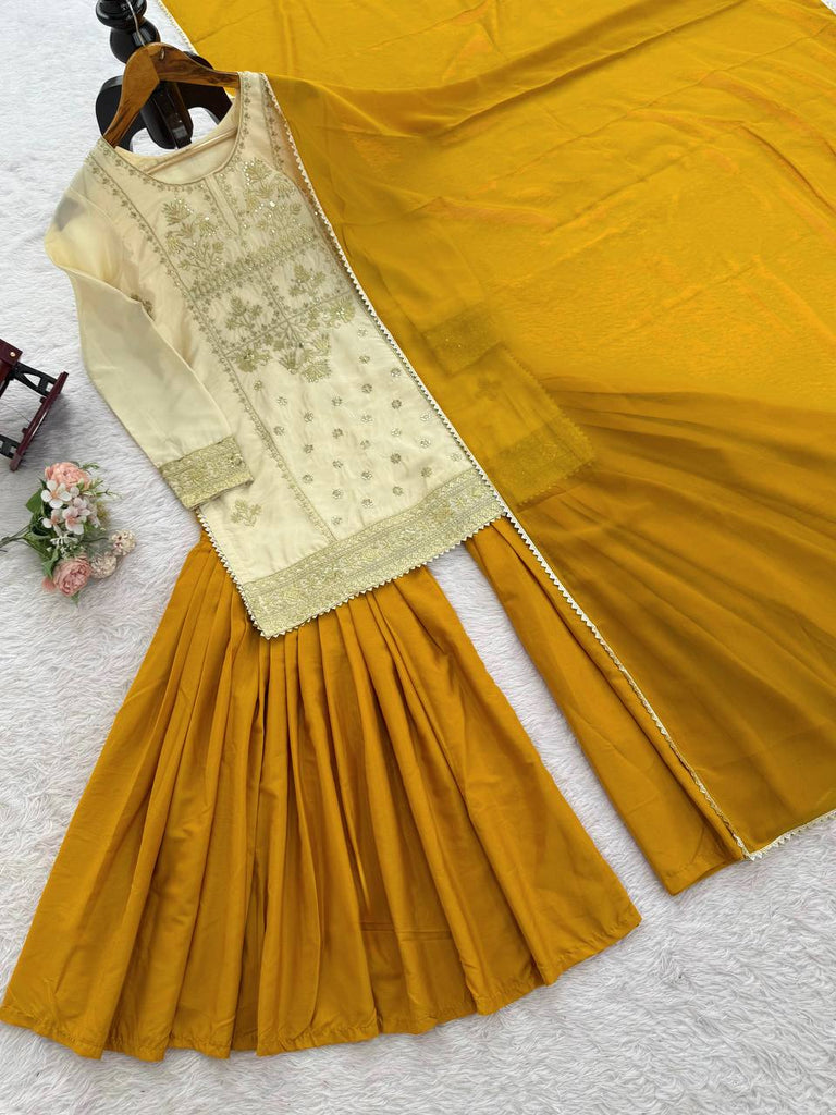 Off White Natural Crepe Thread & Sequin Embroidered Top with Yelllow Sharara and Dupatta – Fully Stitched 3-Piece Set ClothsVilla
