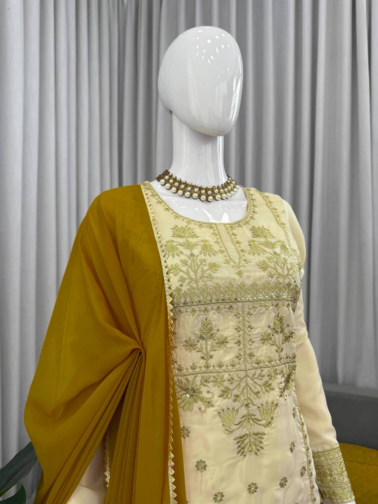Off White Natural Crepe Thread & Sequin Embroidered Top with Yelllow Sharara and Dupatta – Fully Stitched 3-Piece Set ClothsVilla