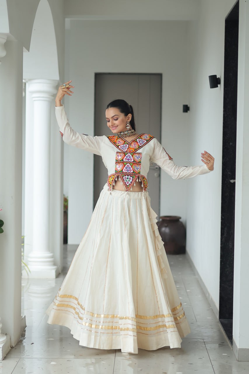 Off White Navratri Special Cotton Lehenga Choli Set with Gota Patti & Gamthi Embroidery ClothsVilla