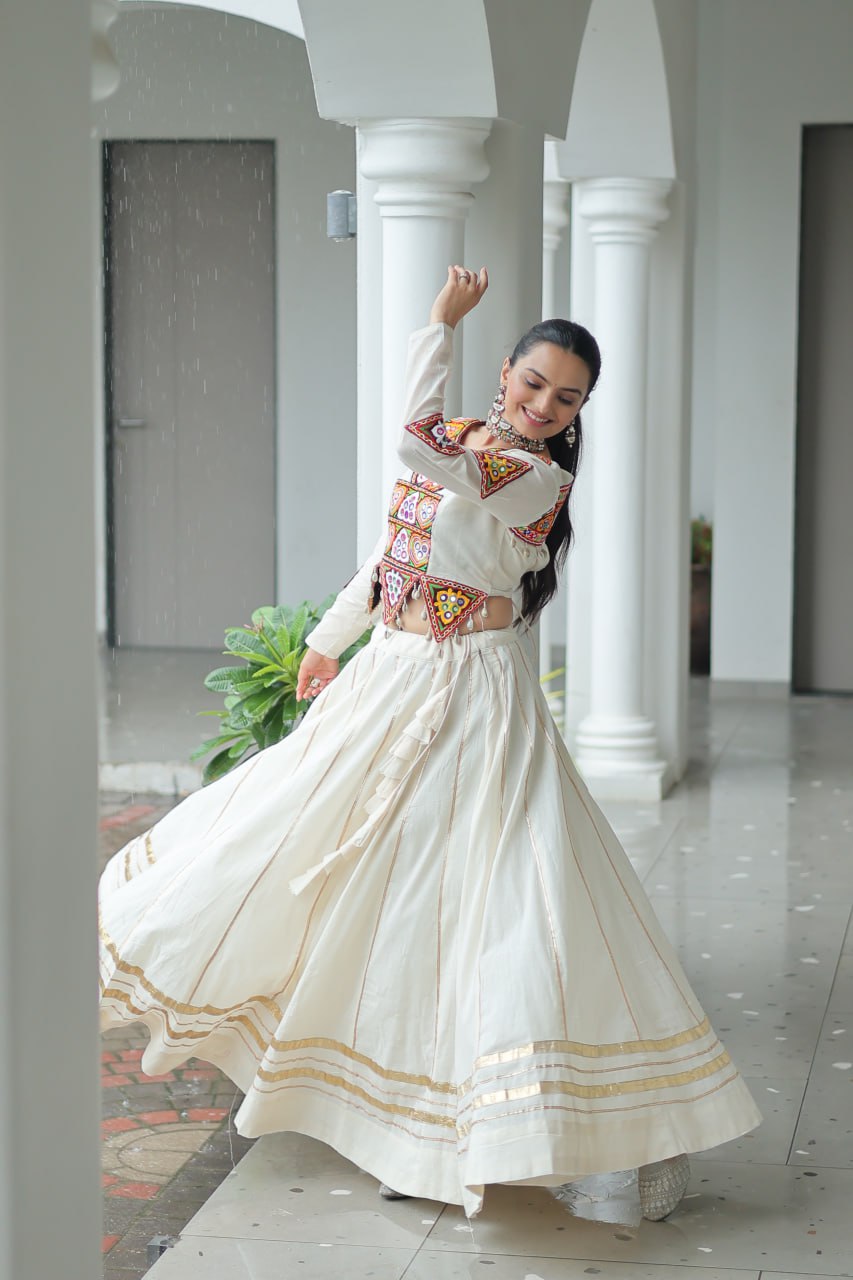 Off White Navratri Special Cotton Lehenga Choli Set with Gota Patti & Gamthi Embroidery ClothsVilla