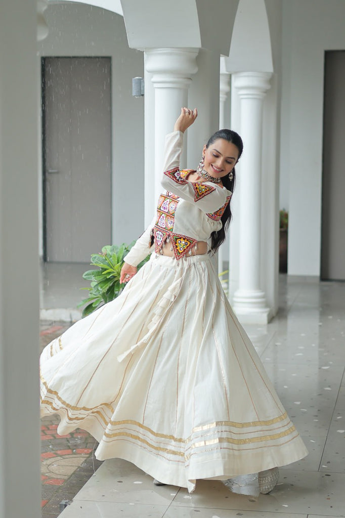 Off White Navratri Special Cotton Lehenga Choli Set with Gota Patti & Gamthi Embroidery ClothsVilla