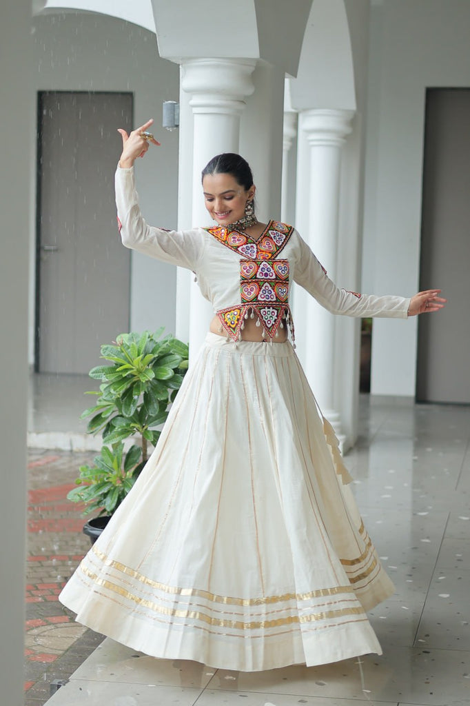 Off White Navratri Special Cotton Lehenga Choli Set with Gota Patti & Gamthi Embroidery ClothsVilla
