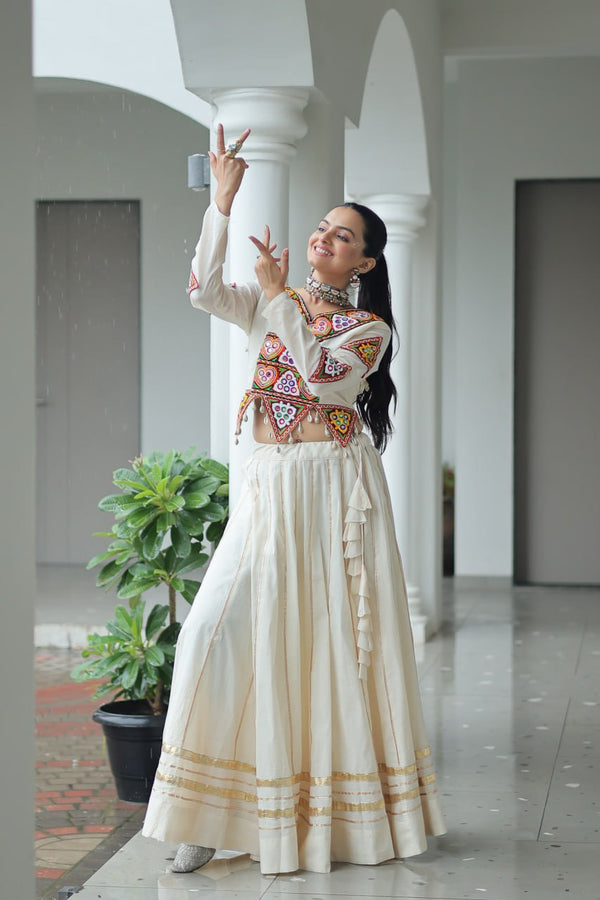 Off White Navratri Special Cotton Lehenga Choli Set with Gota Patti & Gamthi Embroidery ClothsVilla