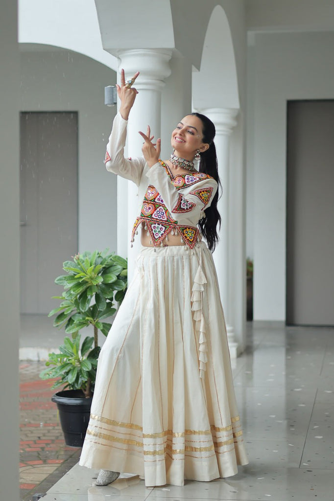 Off White Navratri Special Cotton Lehenga Choli Set with Gota Patti & Gamthi Embroidery ClothsVilla
