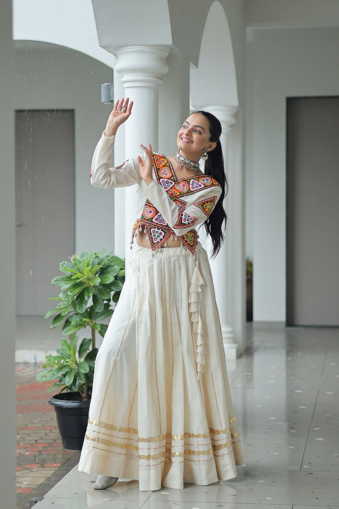 Off White Navratri Special Cotton Lehenga Choli Set with Gota Patti & Gamthi Embroidery ClothsVilla