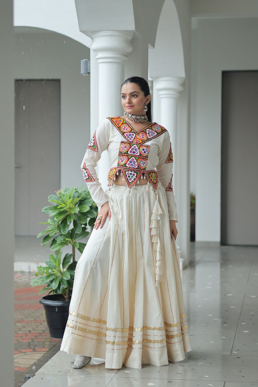 Off White Navratri Special Cotton Lehenga Choli Set with Gota Patti & Gamthi Embroidery ClothsVilla