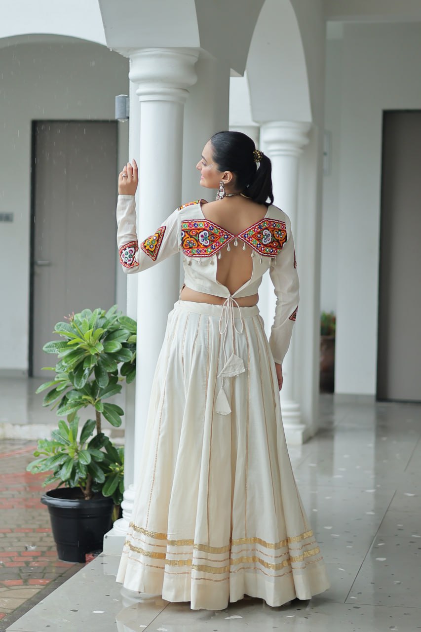 Off White Navratri Special Cotton Lehenga Choli Set with Gota Patti & Gamthi Embroidery ClothsVilla