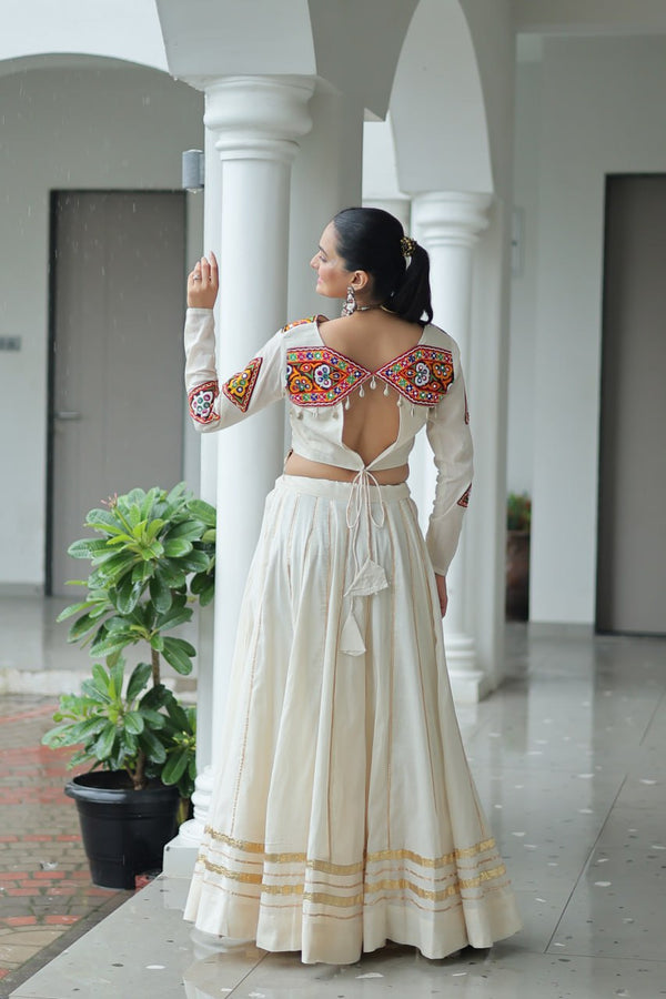 Off White Navratri Special Cotton Lehenga Choli Set with Gota Patti & Gamthi Embroidery ClothsVilla