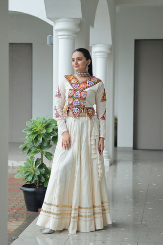 Off White Navratri Special Cotton Lehenga Choli Set with Gota Patti & Gamthi Embroidery ClothsVilla