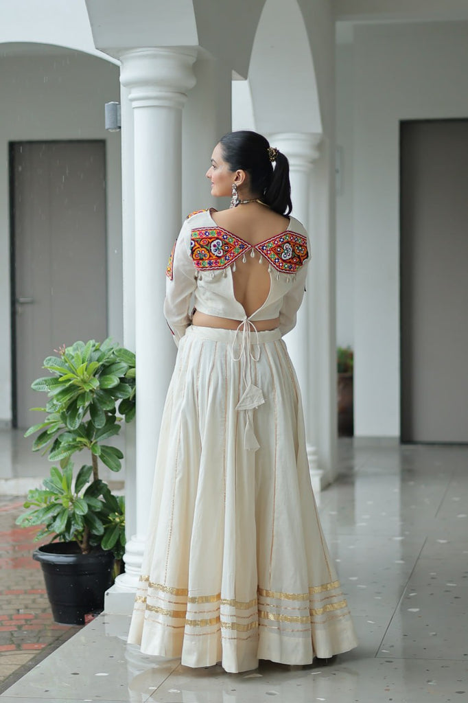 Off White Navratri Special Cotton Lehenga Choli Set with Gota Patti & Gamthi Embroidery ClothsVilla