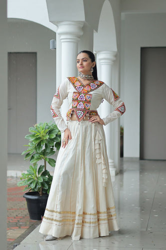 Off White Navratri Special Cotton Lehenga Choli Set with Gota Patti & Gamthi Embroidery ClothsVilla