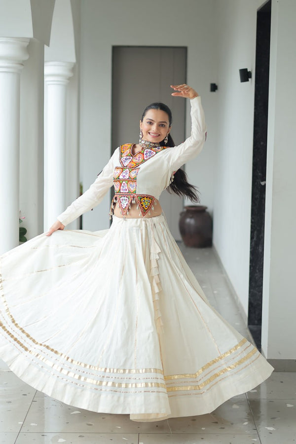 Off White Navratri Special Cotton Lehenga Choli Set with Gota Patti & Gamthi Embroidery ClothsVilla