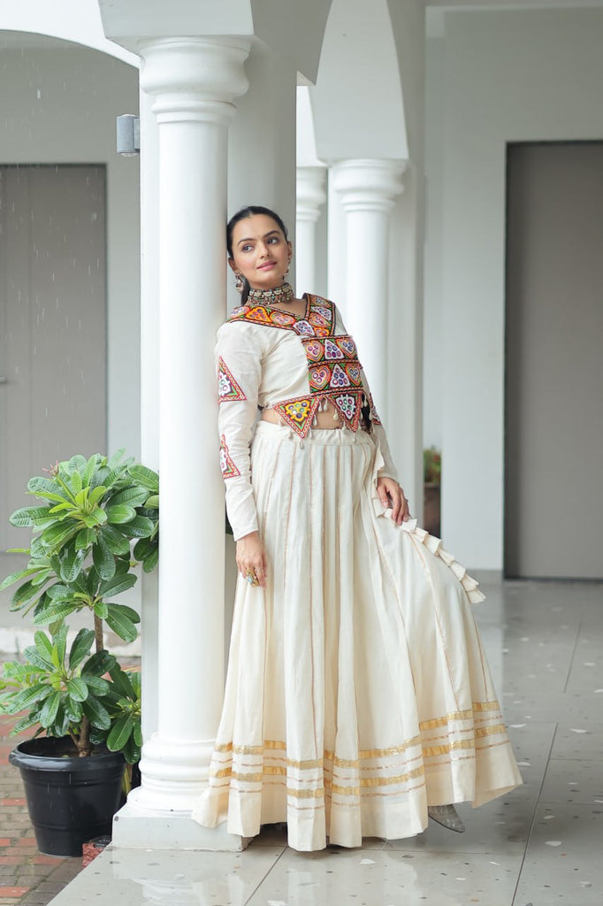 Off White Navratri Special Cotton Lehenga Choli Set with Gota Patti & Gamthi Embroidery ClothsVilla