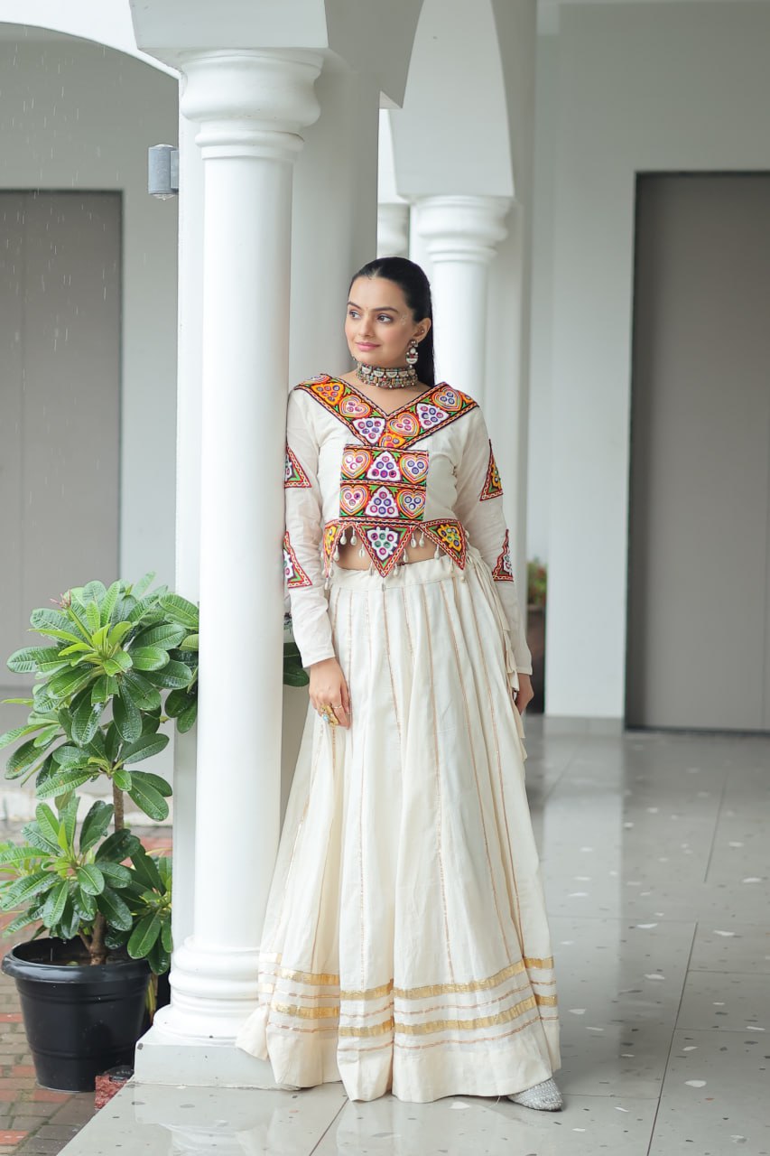 Off White Navratri Special Cotton Lehenga Choli Set with Gota Patti & Gamthi Embroidery ClothsVilla